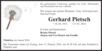 Traueranzeige von Gerhard Pietsch von Thüringer Allgemeine