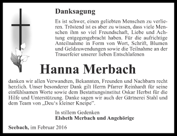 Traueranzeige von Hanna Merbach von Thüringer Allgemeine, Thüringische Landeszeitung