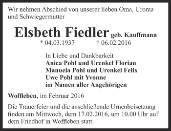 Traueranzeige von Elsbeth Fiedler von Thüringer Allgemeine