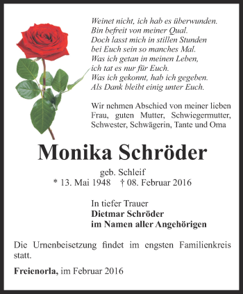 Traueranzeige von Monika Schröder von Ostthüringer Zeitung, Thüringische Landeszeitung