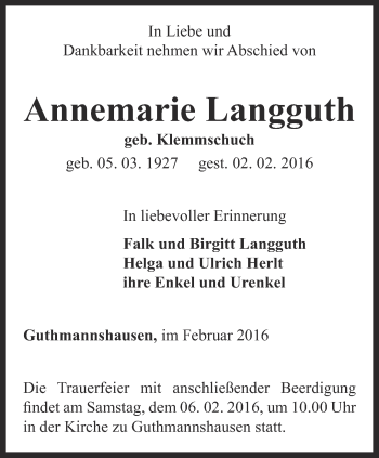 Traueranzeige von Annemarie Langguth von Thüringer Allgemeine