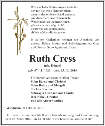 Traueranzeige von Ruth Cress von Thüringer Allgemeine