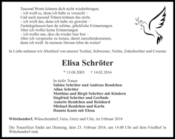 Traueranzeige von Elisa Schröter von Ostthüringer Zeitung