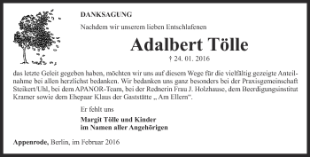 Traueranzeige von Adalbert Tölle von Thüringer Allgemeine