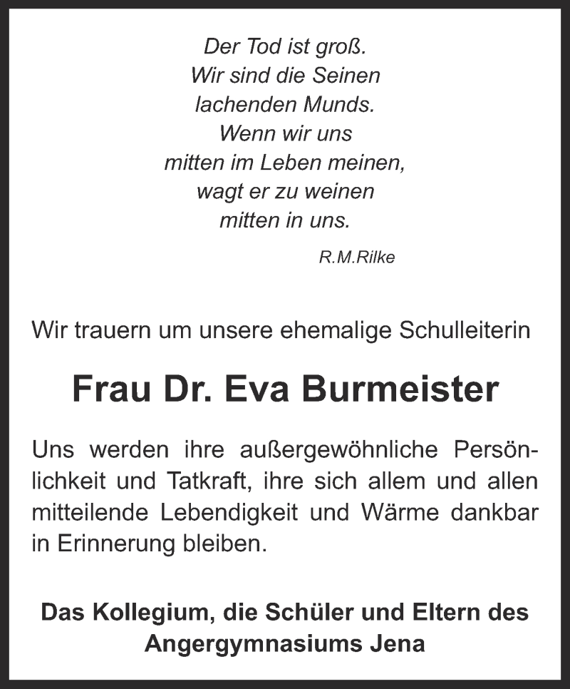  Traueranzeige für Eva Burmeister vom 13.02.2016 aus Ostthüringer Zeitung, Thüringische Landeszeitung