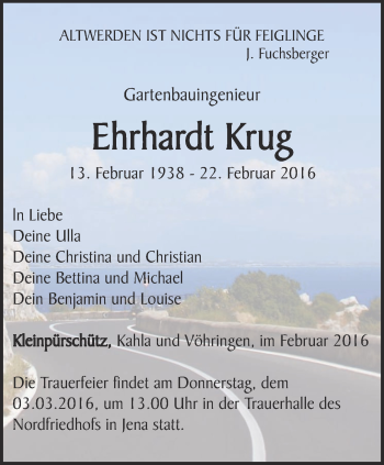Traueranzeige von Ehrhardt Krug von Ostthüringer Zeitung, Thüringische Landeszeitung