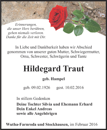 Traueranzeige von Hildegard Traut von Thüringer Allgemeine, Thüringische Landeszeitung