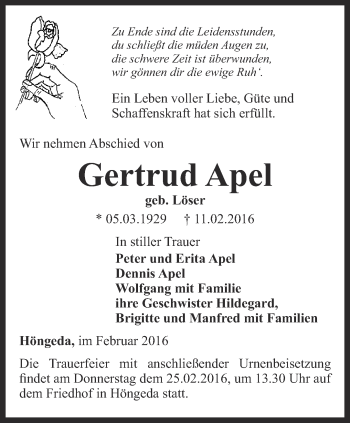 Traueranzeige von Gertrud Apel von Thüringer Allgemeine, Thüringische Landeszeitung