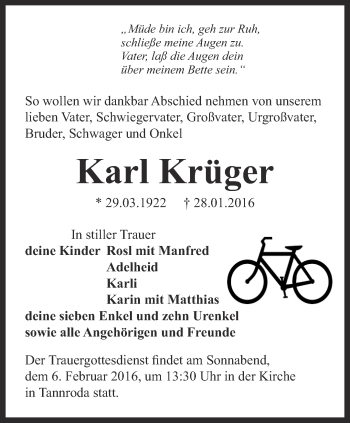 Traueranzeige von Karl Krüger von Thüringer Allgemeine, Thüringische Landeszeitung