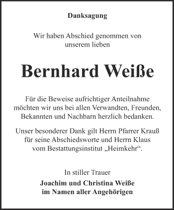 Traueranzeige von Bernhard Weiße von Thüringer Allgemeine, Thüringische Landeszeitung