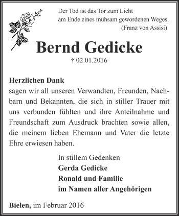 Traueranzeige von Bernd Gedicke von Thüringer Allgemeine