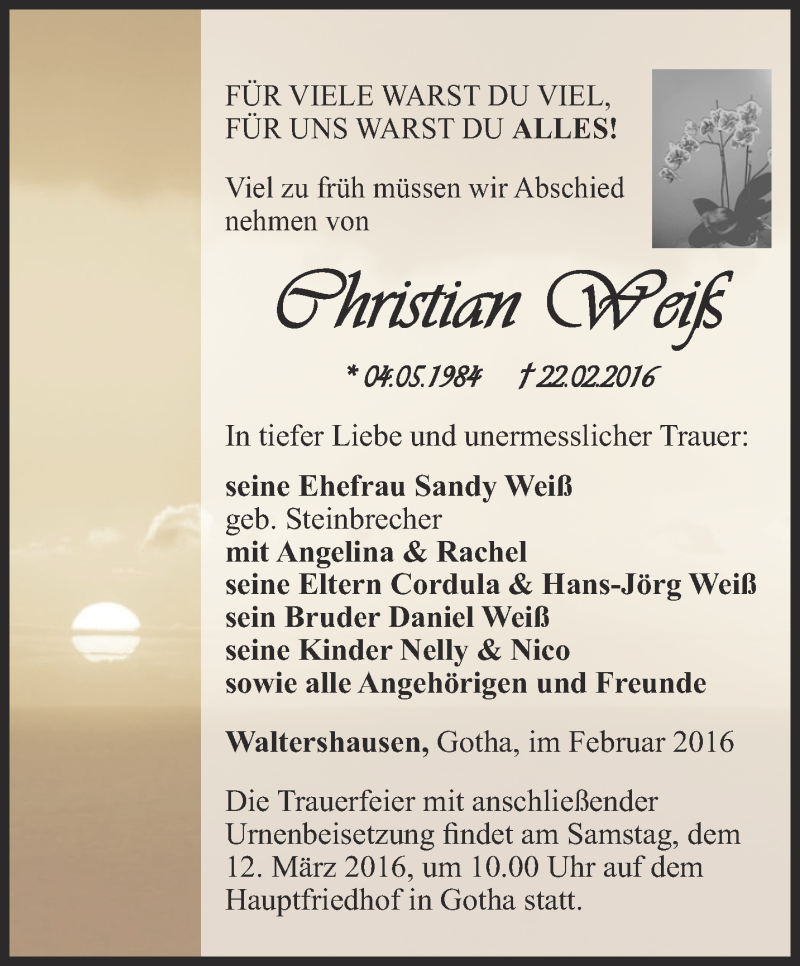  Traueranzeige für Christian Weiß vom 27.02.2016 aus Ostthüringer Zeitung, Thüringische Landeszeitung
