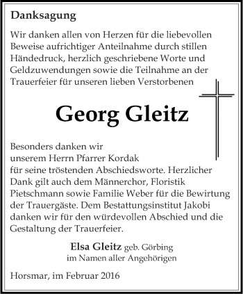 Traueranzeige von Georg Gleitz von Thüringer Allgemeine, Thüringische Landeszeitung