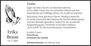 Traueranzeige von Erika Braun von Thüringer Allgemeine, Thüringische Landeszeitung