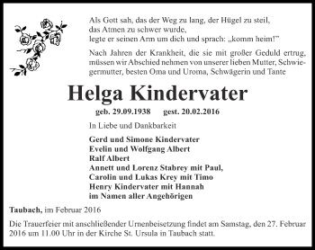 Traueranzeige von Helga Kindervater von Thüringer Allgemeine, Thüringische Landeszeitung