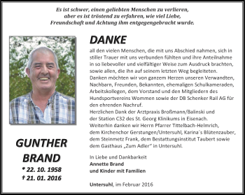Traueranzeige von Gunther Brand von Thüringer Allgemeine, Thüringische Landeszeitung