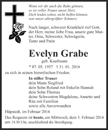 Traueranzeige von Evelyn Grabe von Thüringer Allgemeine, Thüringische Landeszeitung