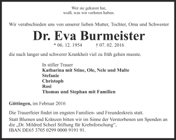 Traueranzeige von Eva Burmeister von Ostthüringer Zeitung, Thüringische Landeszeitung