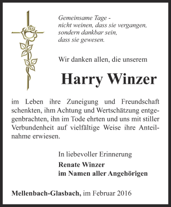 Traueranzeige von Harry Winzer von Ostthüringer Zeitung