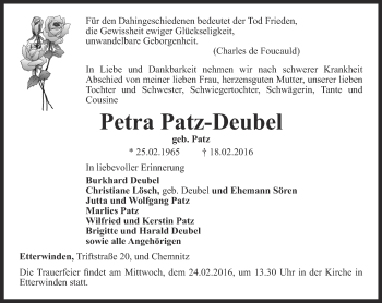 Traueranzeige von Petra Patz-Deubel von Thüringer Allgemeine, Thüringische Landeszeitung