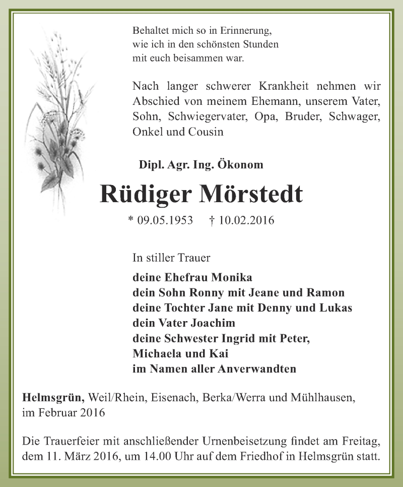  Traueranzeige für Rüdiger Mörstedt vom 27.02.2016 aus Ostthüringer Zeitung