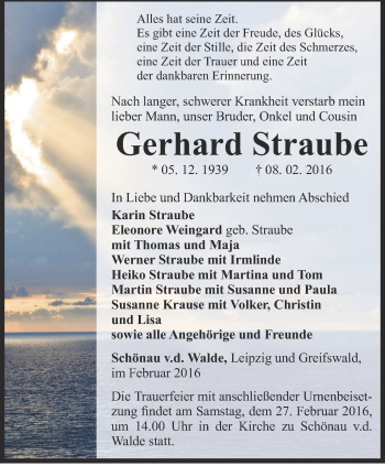 Traueranzeige von Gerhard Straube von Ostthüringer Zeitung, Thüringische Landeszeitung