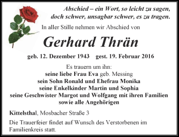 Traueranzeige von Gerhard Thrän von Thüringer Allgemeine, Thüringische Landeszeitung