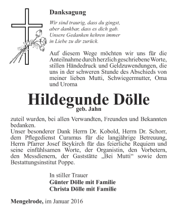Traueranzeige von Hildegunde Dölle von Thüringer Allgemeine