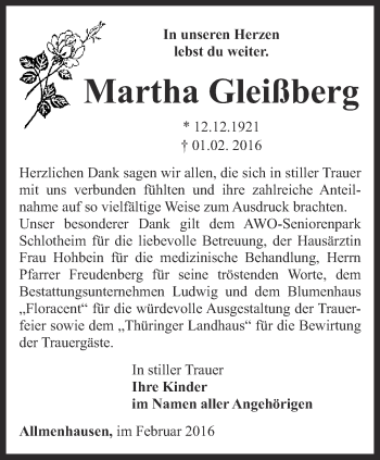 Traueranzeige von Martha Gleißberg von Thüringer Allgemeine