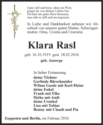 Traueranzeige von Klara Rasl von Ostthüringer Zeitung