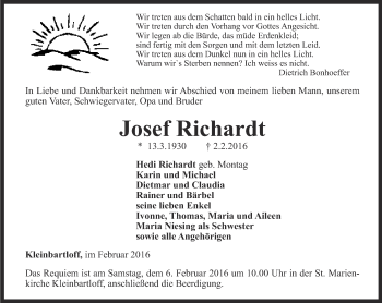 Traueranzeige von Josef Richardt von Thüringer Allgemeine