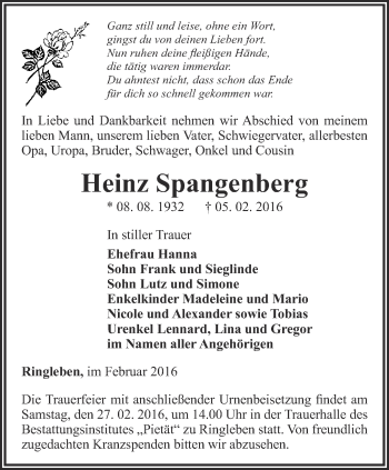 Traueranzeige von Heinz Spangenberg von Thüringer Allgemeine