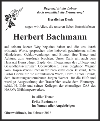 Traueranzeige von Herbert Bachmann von Ostthüringer Zeitung