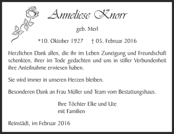Traueranzeige von Anneliese Knorr von Ostthüringer Zeitung, Thüringische Landeszeitung