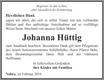 Traueranzeige von Johanna Hüttig von Thüringer Allgemeine, Thüringische Landeszeitung