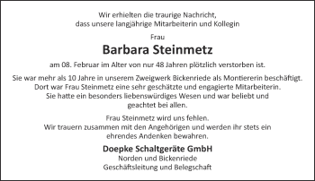 Traueranzeige von Barbara Steinmetz von Thüringer Allgemeine