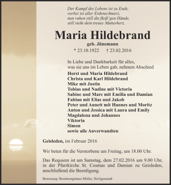 Traueranzeige von Maria Hildebrand von Thüringer Allgemeine