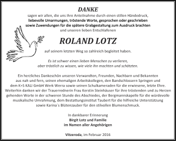 Traueranzeige von Roland Lotz von Thüringer Allgemeine, Thüringische Landeszeitung