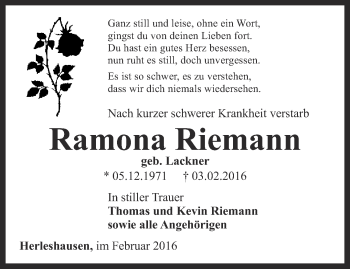 Traueranzeige von Ramona Riemann von Thüringer Allgemeine, Thüringische Landeszeitung