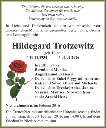 Traueranzeige von Hildegard Trotzewitz von Thüringer Allgemeine, Thüringische Landeszeitung