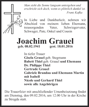 Traueranzeige von Joachim Grauel von Thüringer Allgemeine, Thüringische Landeszeitung