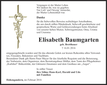 Traueranzeige von Elisabeth Baumgarten von Thüringer Allgemeine