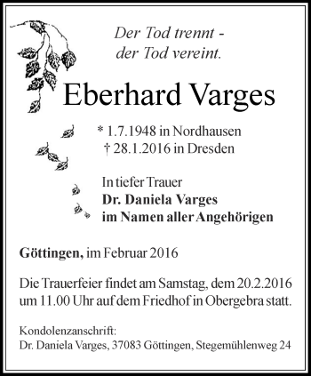 Traueranzeige von Eberhard Varges von Thüringer Allgemeine