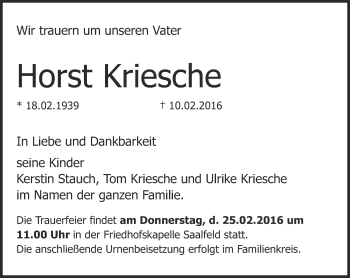 Traueranzeige von Horst Kriesche von Ostthüringer Zeitung