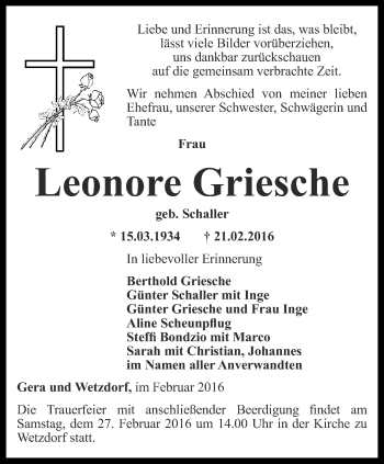 Traueranzeige von Leonore Griesche von Ostthüringer Zeitung