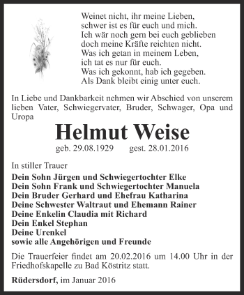 Traueranzeige von Helmut Weise von Ostthüringer Zeitung