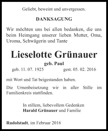 Traueranzeige von Lieselotte Grünauer von Ostthüringer Zeitung