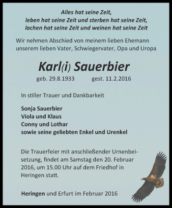 Traueranzeige von Karl Sauerbier von Thüringer Allgemeine
