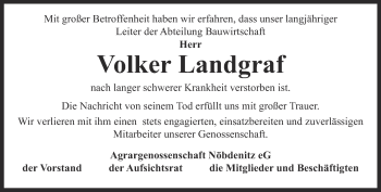 Traueranzeige von Volker Landgraf von Ostthüringer Zeitung