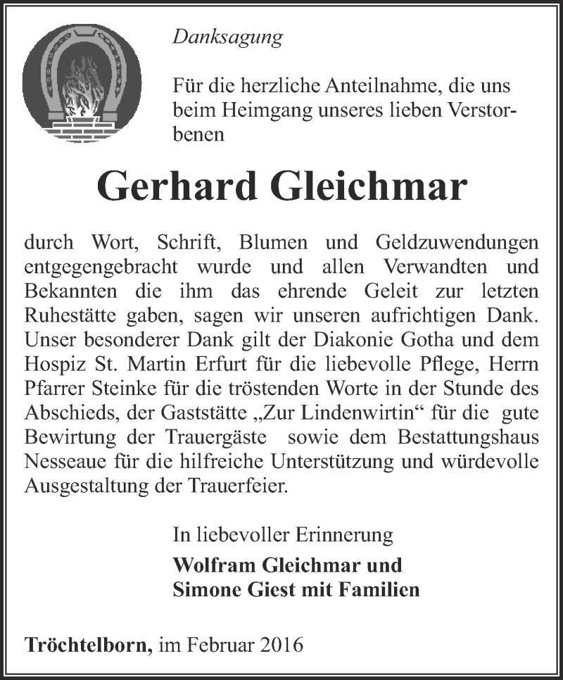  Traueranzeige für Gerhard Gleichmar vom 20.02.2016 aus Ostthüringer Zeitung, Thüringische Landeszeitung